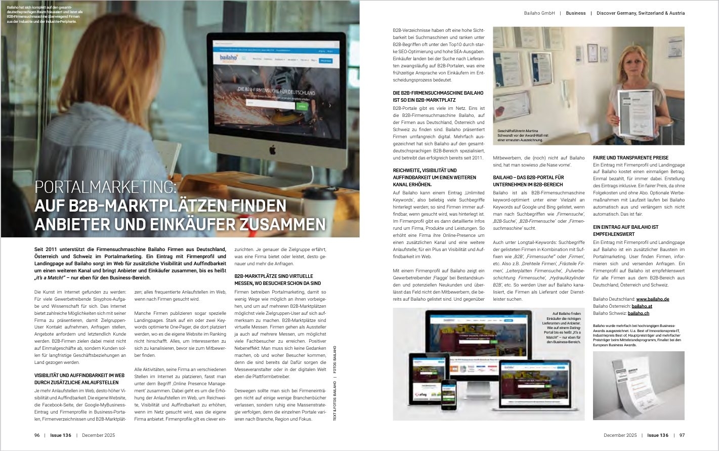 Pressemitteilungen der B2B-Firmensuchmaschine Bailaho - die B2B-Firmensuche für Firmen aus Deutschland, Österreich und der Schweiz für die Lieferantensuche, Anbietersuche und Herstellersuche im B2B-Bereich